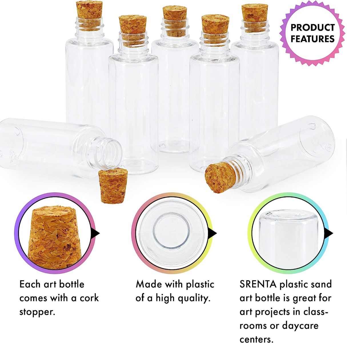 Srenta Plastic Sand Art Bottles with Cork Stoppers Arts and Crafts Mini Jars, 2 Oz and Pack Of 24