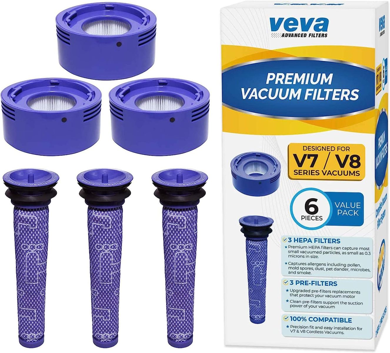 VEVA 6 Pack Premium Vacuum Filter Set with 3 Pre Filters and 3 HEPA Filters Compatible with Dyson V7 & V8 Absolute and Animal Cordless Vacuums, Part # 965661 & 967478
