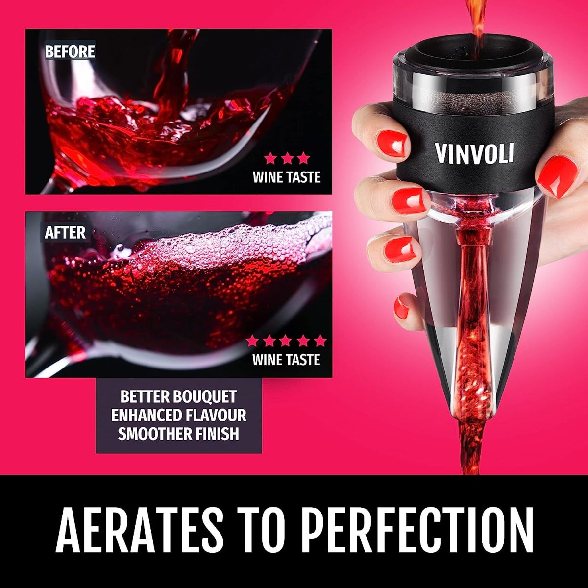 VINVOLI Wine Aerator - New 2023 Luxury Red Wine Aerator Decanter with Unique Three-Stage Aeration, Pourer, Wine Sediment Filter, No-Drip Stand - Quality and Convenience for Wine Lovers and Sommeliers