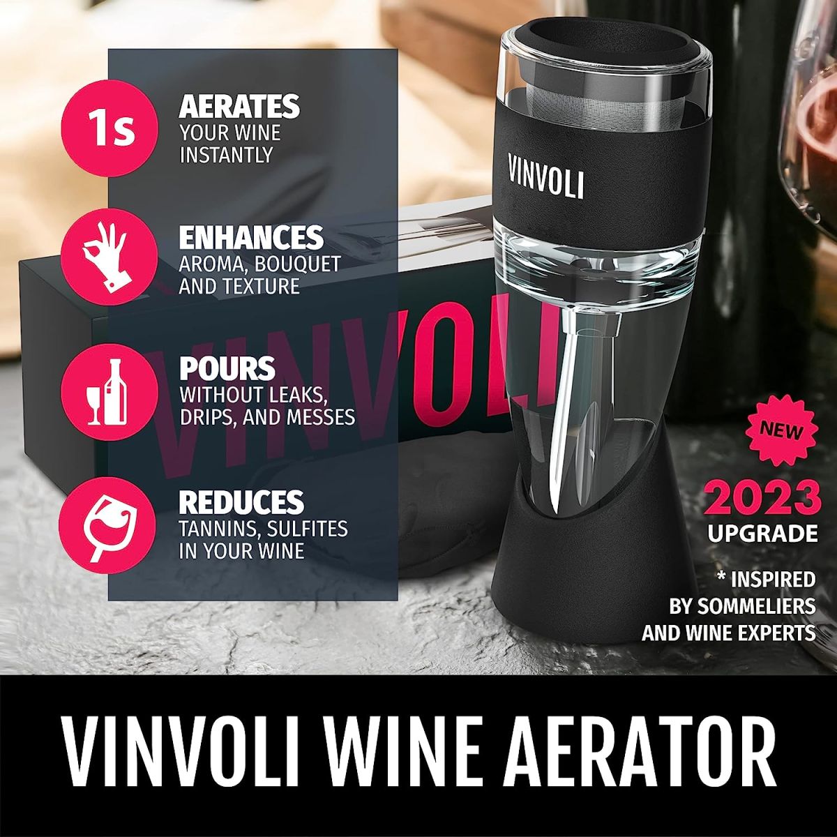 VINVOLI Wine Aerator - New 2023 Luxury Red Wine Aerator Decanter with Unique Three-Stage Aeration, Pourer, Wine Sediment Filter, No-Drip Stand - Quality and Convenience for Wine Lovers and Sommeliers