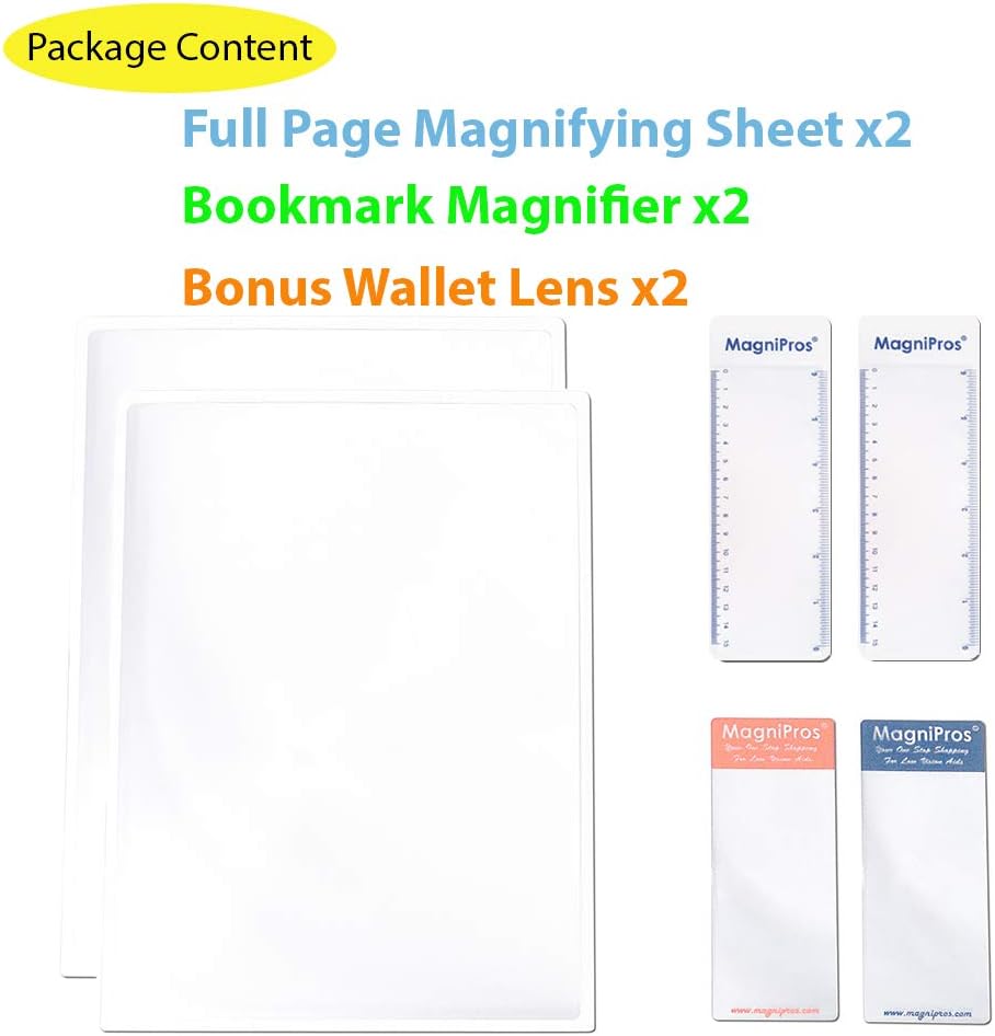 MagniPros(2PACK) Large Full Page 3X Premium Magnifying Sheet Fresnel Lens 7.5" X 10.5"+2 Bonus Ruler Magnifiers+2 Bookmark Lenses-Best Magnifying Set for Reading Small Prints & Low Vision Seniors