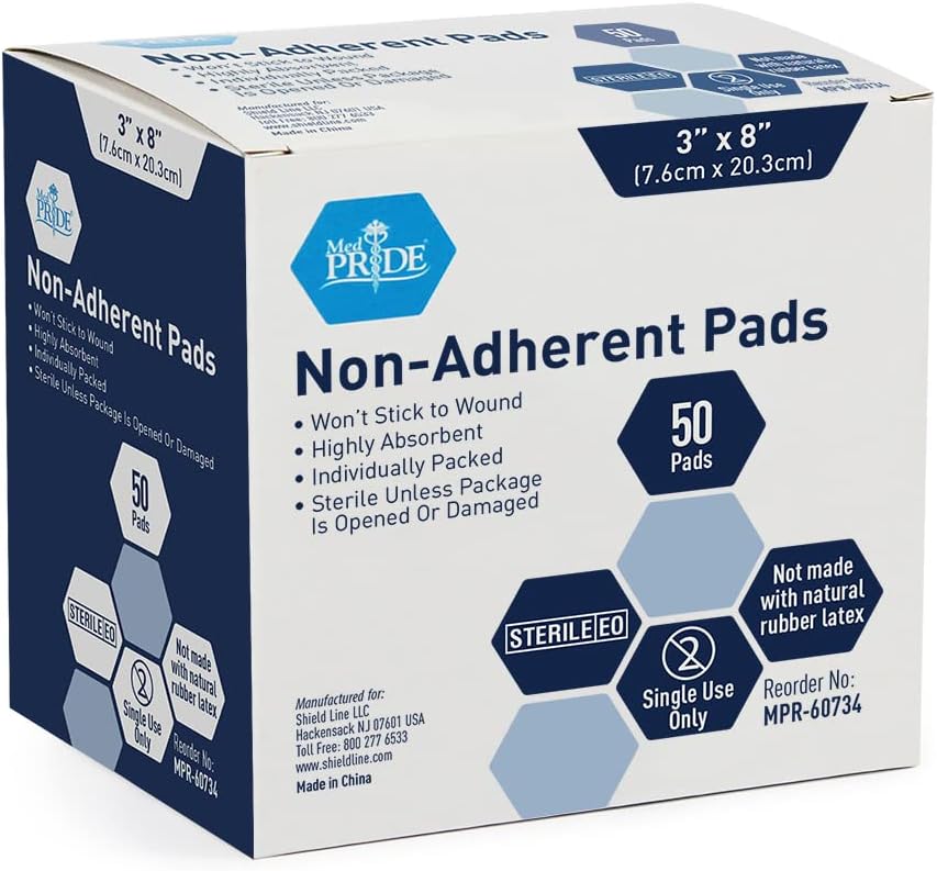 Medpride Sterile Non-Adherent Pads| 50-Pack, 3” x 8”| Non-Adhesive Wound Dressing| Highly Absorbent & Non-Stick, Painless Removal-Switch| Individually Wrapped for Extra Protection