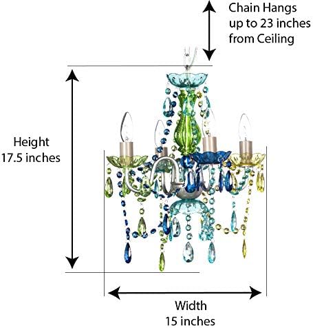 gypsy color The Original 4 Light Blue Green Hardwire Flush Mount Chandelier H17.5”xW15”, Silver Metal Frame with Blue Glass Stem and Multicolor Acrylic Crystals & Beads That Sparkle Just Like Glass