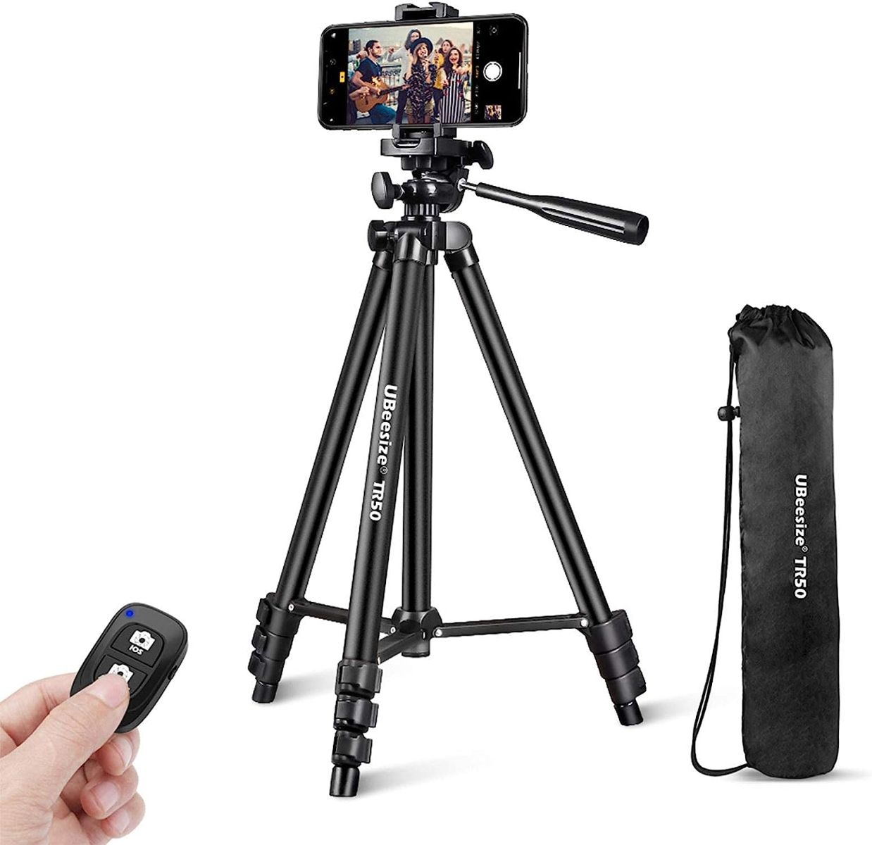 UBeesize Phone Tripod, 51" Adjustable Travel Video Tripod Stand with Cell Phone Mount Holder & Smartphone Bluetooth Remote(Black