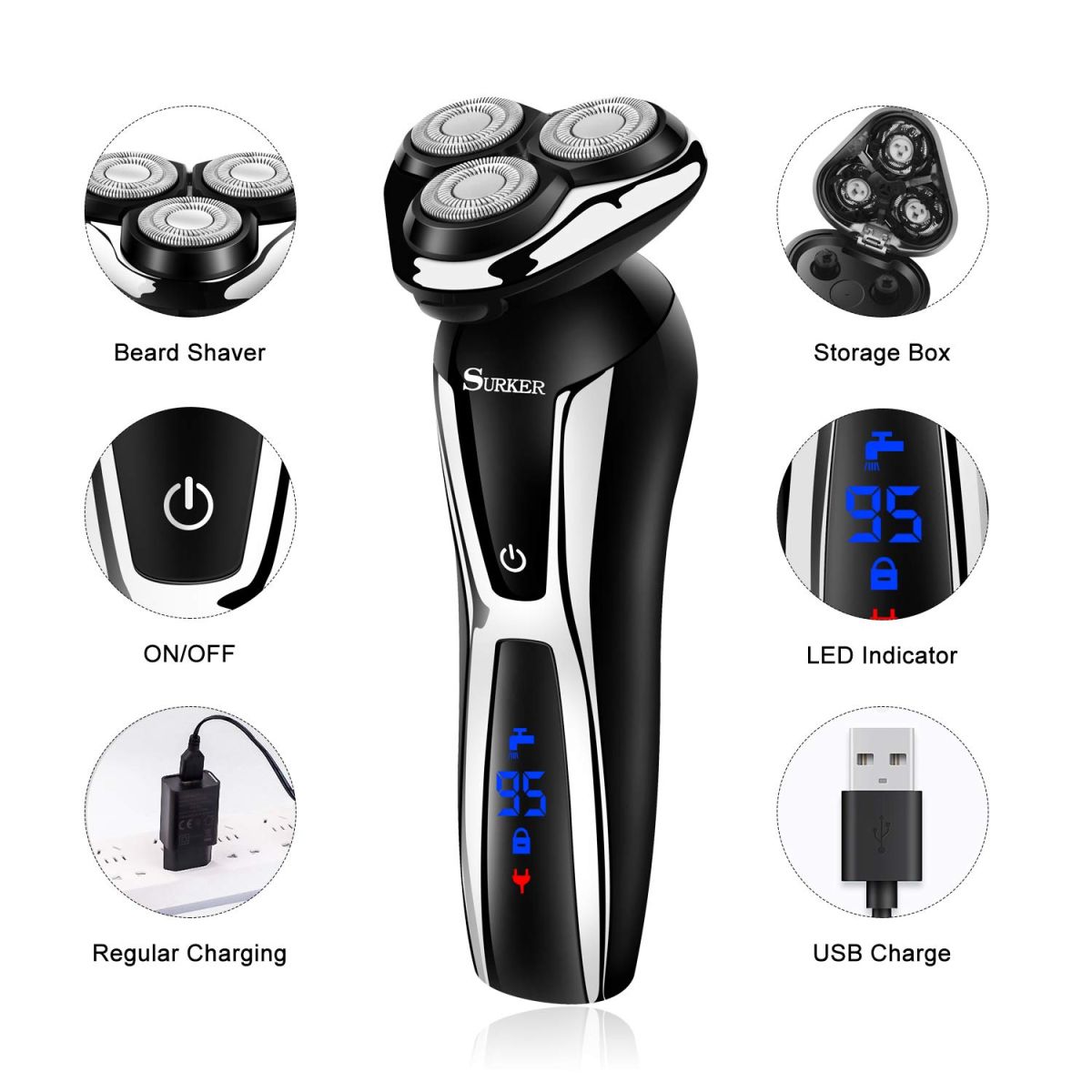 SURKER Electric Shaver Razor Cordless Beard Trimmer for Men Nose Hair Trimmer 3 in 1 Trimmer Grooming Kit Plus 1 Facial Cleansing Brush Waterproof USB Rechargeable Dry Wet