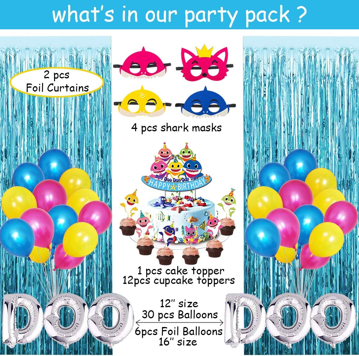 Shark Party Supplies for Baby, 77 pcs Shark Theme Birthday Party Decorations for Kids - Includes Shark Masks, Hanging Swirl, Little Shark Balloons, Foil Curtains, Table Cloth, Banner, Toppers