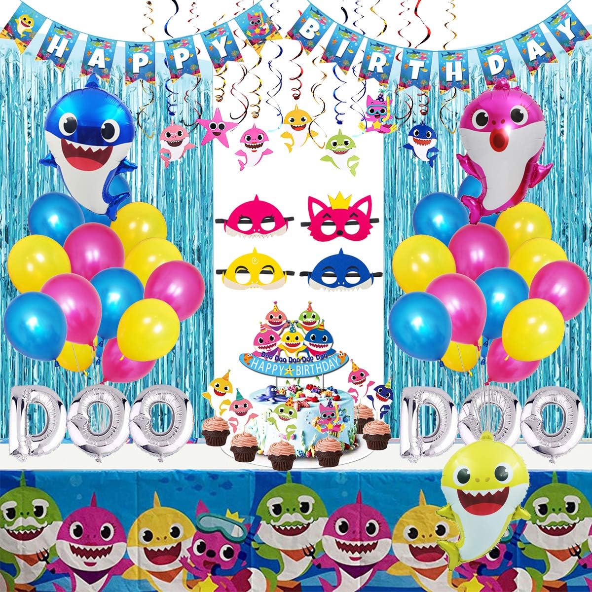 Shark Party Supplies for Baby, 77 pcs Shark Theme Birthday Party Decorations for Kids - Includes Shark Masks, Hanging Swirl, Little Shark Balloons, Foil Curtains, Table Cloth, Banner, Toppers