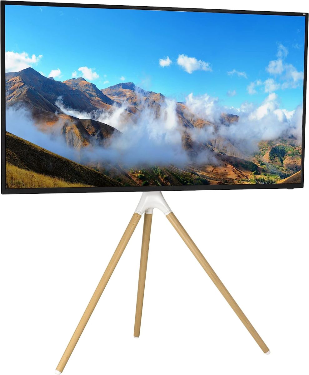 VIVO Artistic Easel 45 to 65 inch LED LCD Screen, Studio TV Display Stand, Adjustable TV Mount with Swivel and Tripod Base, White Bracket, Light Wood Legs, STAND-TV65AW