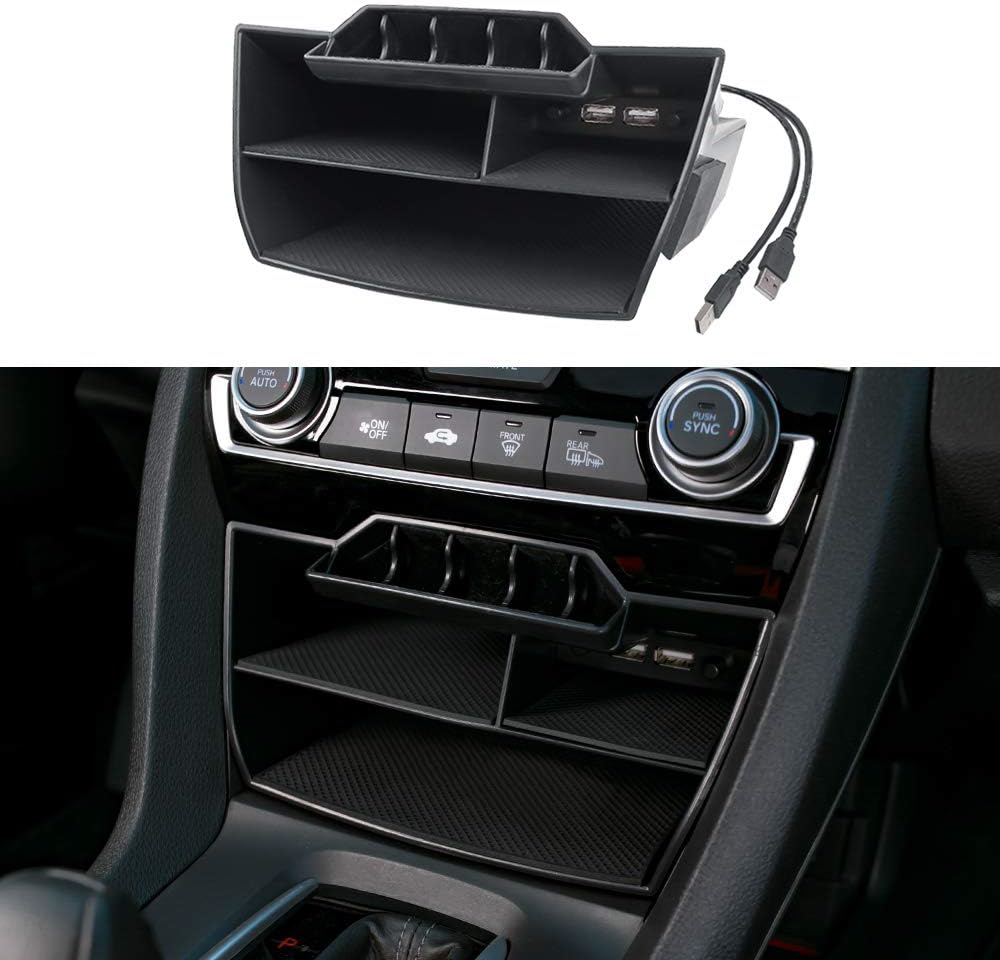Thenice for 10th Gen Civic Central Console Storage Box Coins Trays Cards Organizer with USB Extension Cable for Honda Civic Sedan Hatchback Coupe Type R 2016 2017 2018 2019 2020 2021