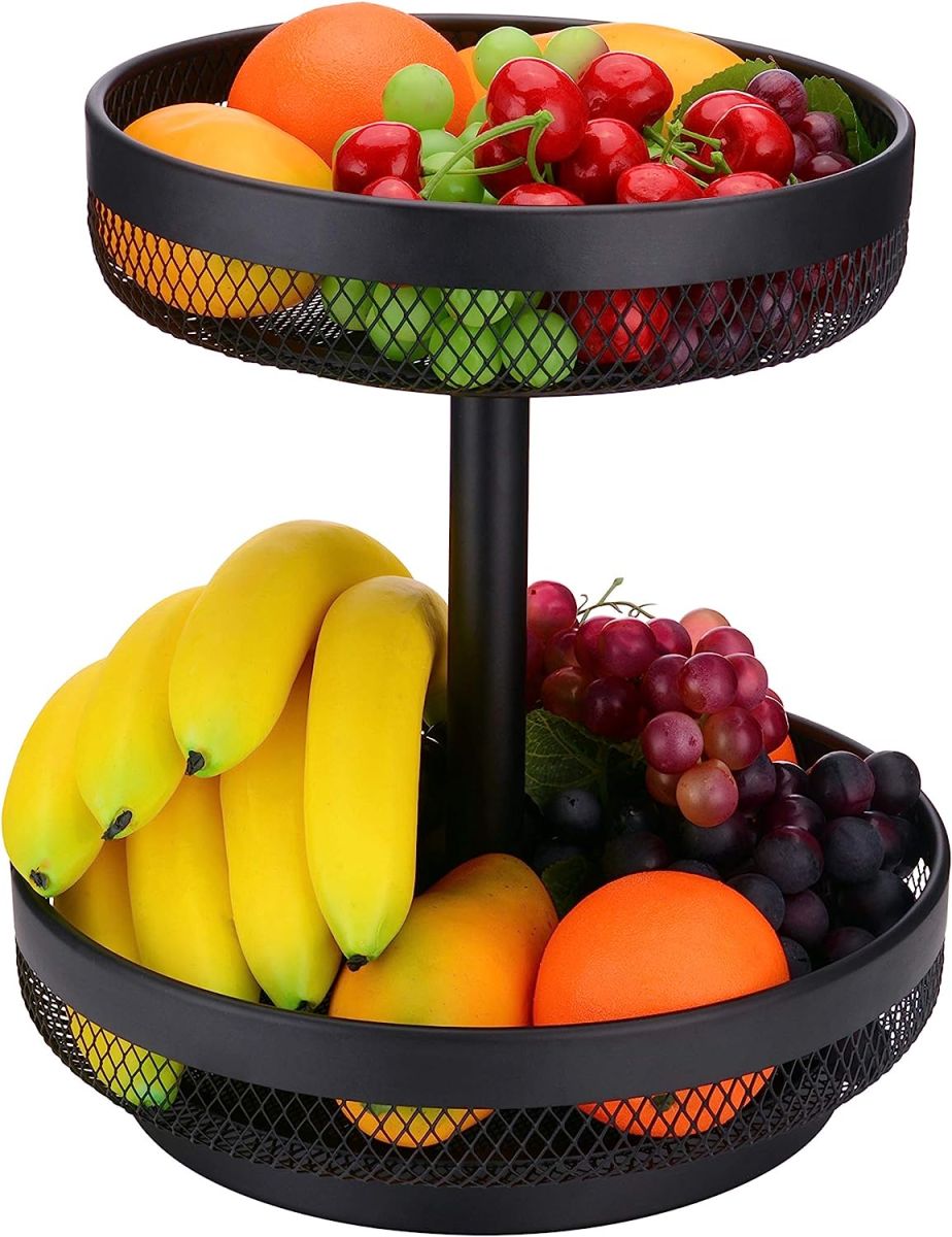 IBERG 2 Tier Fruit Basket Mesh Fruit Bowl - Basket Stand for Fruits Vegetables Bread Snacks (Black)