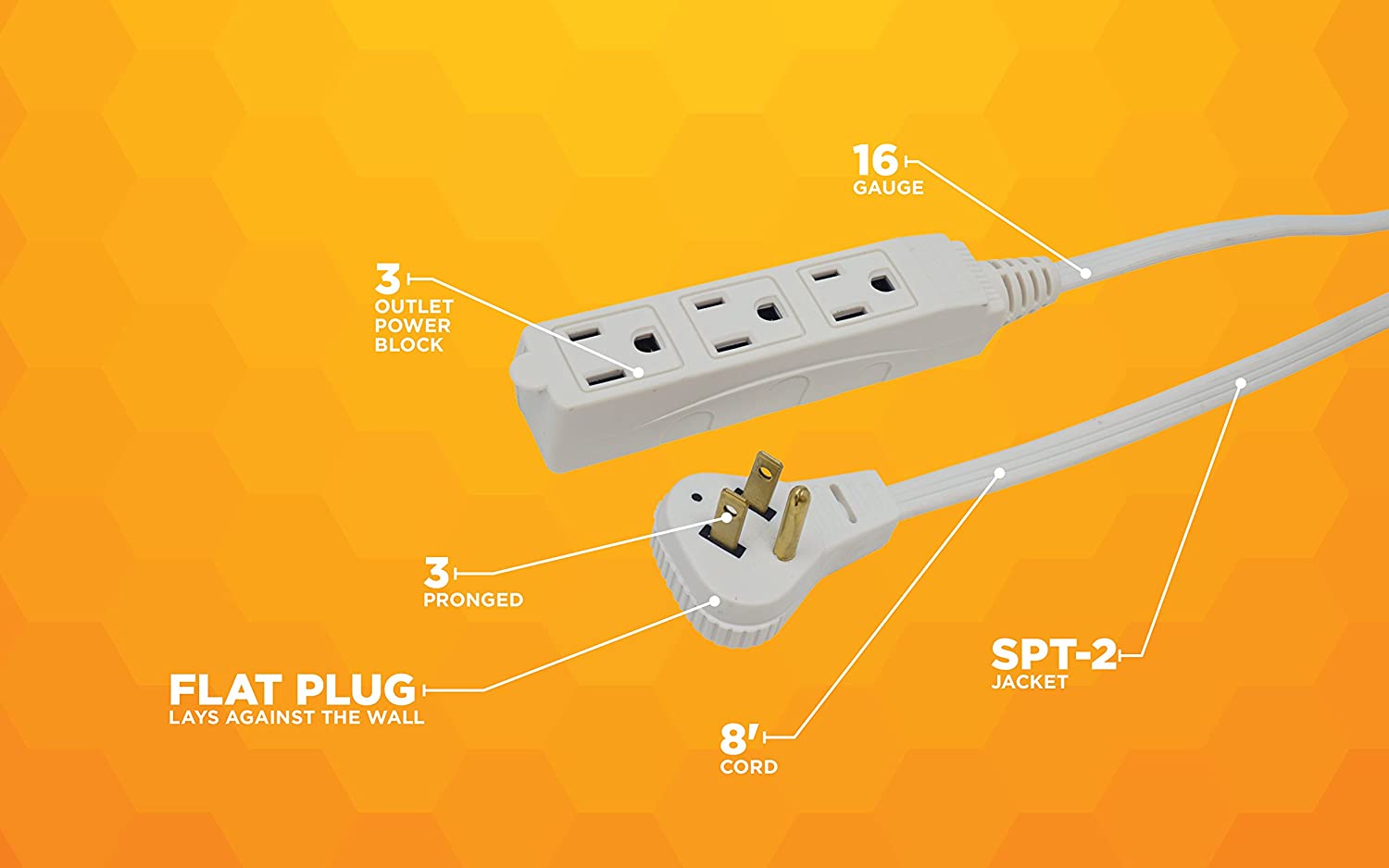 SlimLine 2241 16/3 Flat Plug Indoor Extension Cord, 8-Foot, 3 Outlets, Right Angled Plug, Space Saving Design, UL Listed