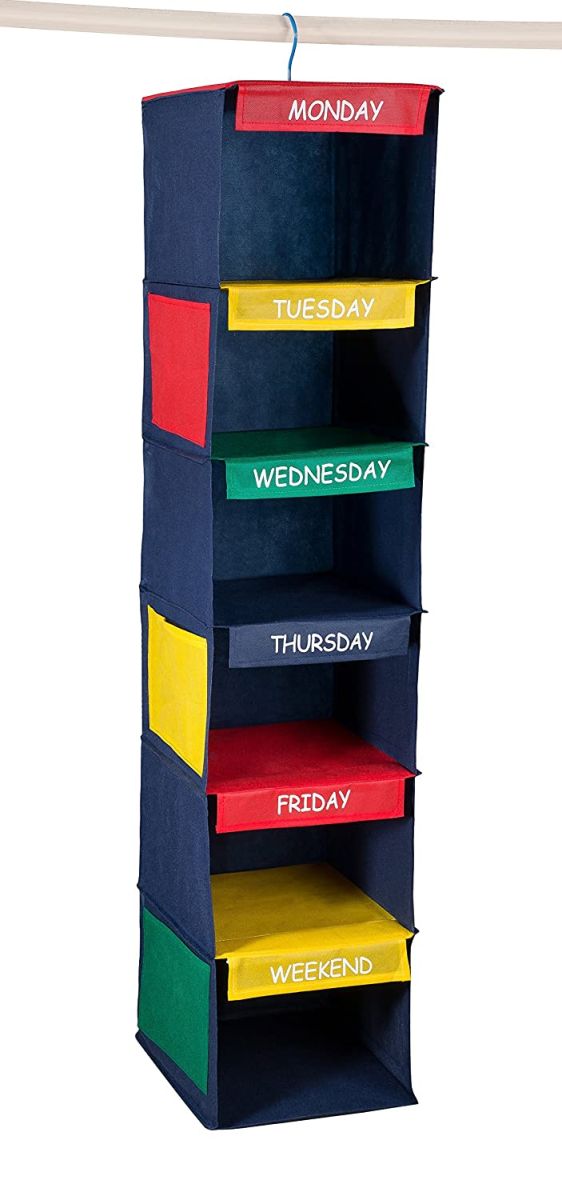 Daily Activity Kids Closet Organizer –11” X 11” X 48”- Prepare and Organize a Week’s Worth of Your Children’s Clothing, Shoes and After School Activities. Hangs Directly on The Closet Rod