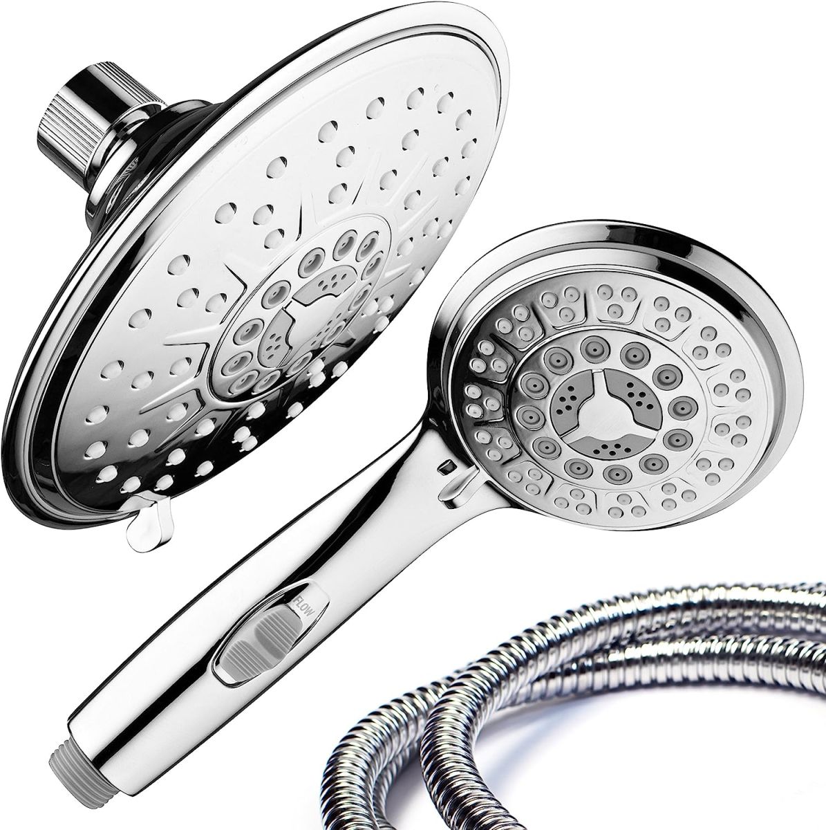 Hydroluxe 30-Setting Ultra-Luxury 6 inch Rainfall Shower Head & Handheld 3-way Combo with Water Saving Pause Switch and Stainless Steel Hose/Enjoy Separately or Together! Premium All Chrome Finish