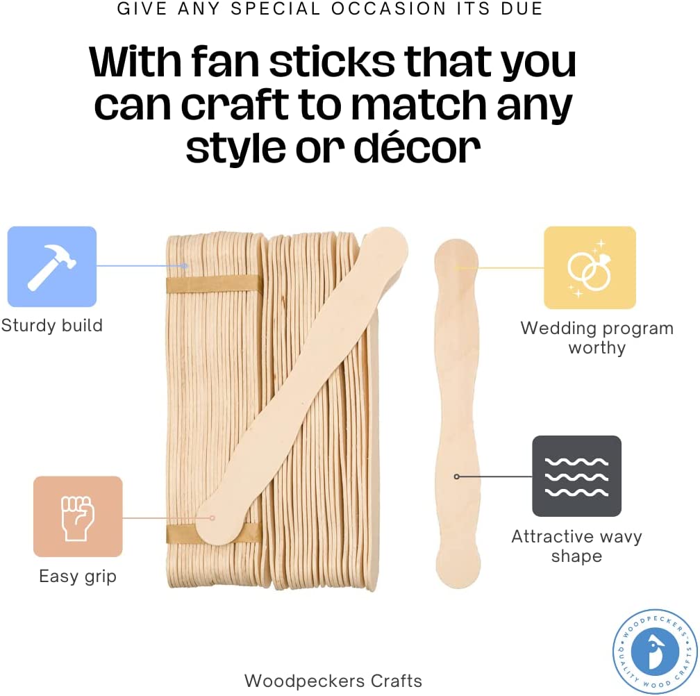 Wooden 8" Fan Handles, Wedding Programs, or Paint Mixing, Pack 100, Jumbo Craft Popsicle Sticks for Auction Bid Paddles, Wooden Wavy Flat Stems for Any DIY Crafting Supplies Kit