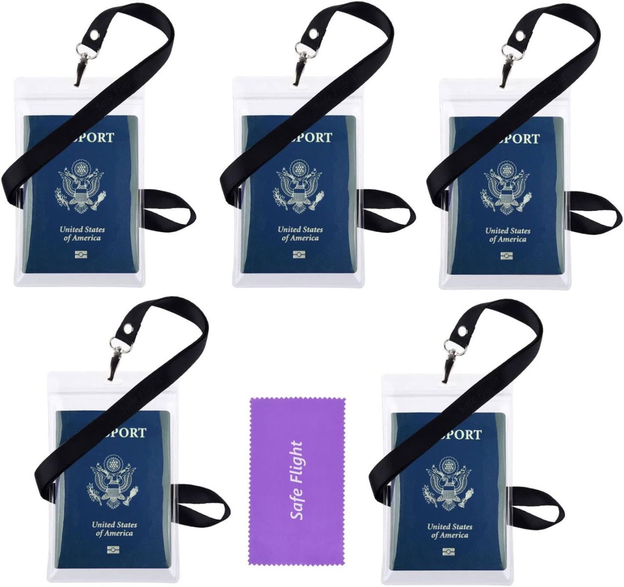 Neck Lanyard and Transparent Passport ID Badge Holder XL 6x4 - 5 Pack Bundle - Also for Cash, Credit Card, Plane Ticket, etc - Essential 'Handsfree' Travel Accessory - Black by Safe Flight