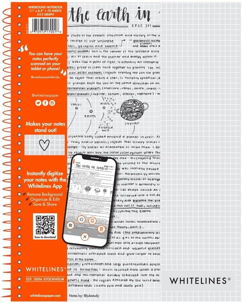 Whitelines Spiral Graph Ruled Notebook, Digitally Download Your Notes with FREE App, Premium Gray Paper, 11" x 8.5" 70 Sheets