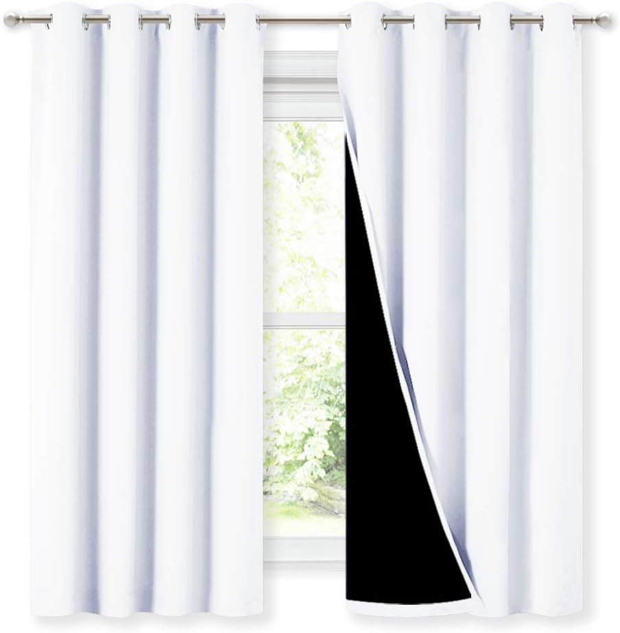 White 100% Blackout Lined Curtains, 2 Thick Layers Completely Blackout Window Treatment Thermal Insulated Drapes for Kitchen/Bedroom (1 Pair, 52 inches Width x 63 inches Length Each Panel)