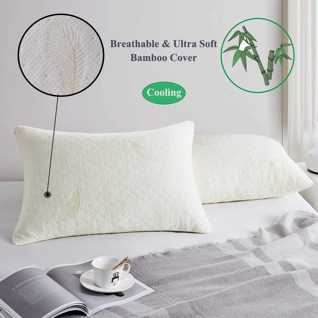 Pillow Standard Size, Breathable Cooling Shredded Memory Foam Bed Pillow with Zipper Removable and Washable Bamboo Derived Rayon Cover White