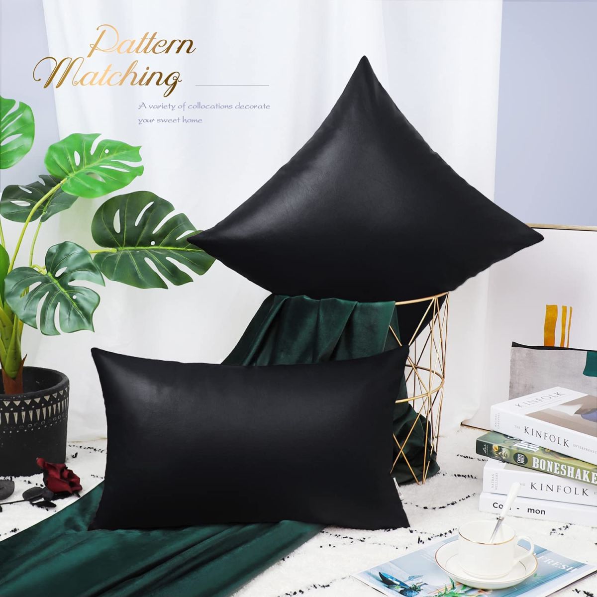 BRAWARM Faux Leather Throw Pillow Covers 12 X 20 Inches - Black Leather Lumbar Pilow Covers Pack of 2, Solid Dyed Leather Pillowcases for Couch Bed Sofa Garden Home Decorative