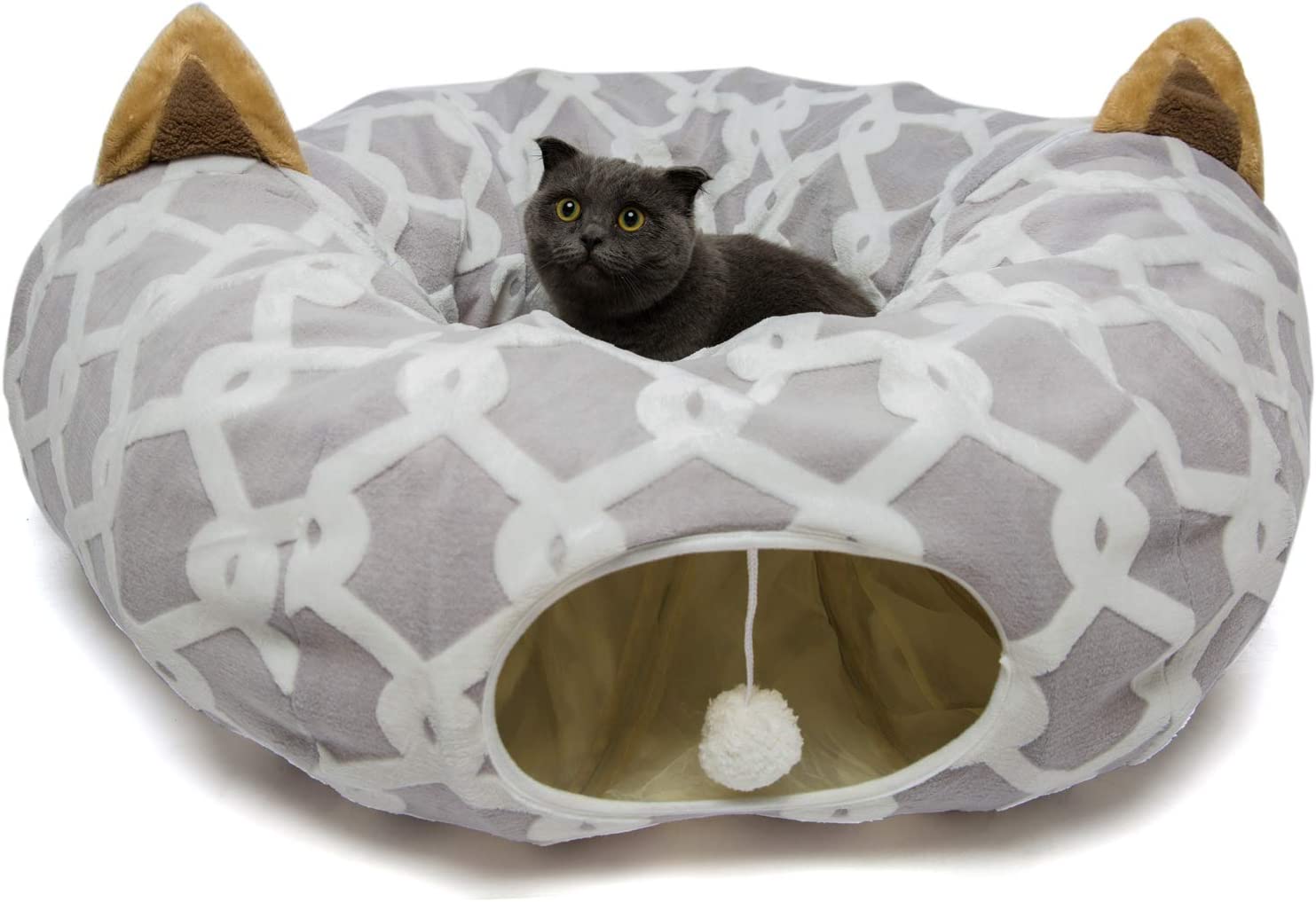 LUCKITTY Large Cat Tunnel Bed with Plush Cover,Fluffy Toy Balls, Small Cushion and Flexible Design- 10 inch Diameter, 3 ft Length- Great for Cats, and Small Dogs, Gray Geometric Figure