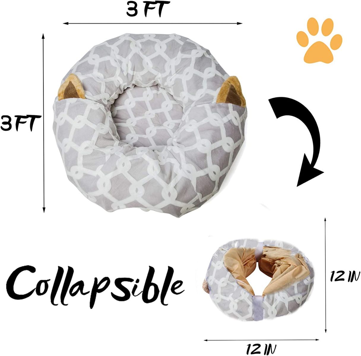 LUCKITTY Large Cat Tunnel Bed with Plush Cover,Fluffy Toy Balls, Small Cushion and Flexible Design- 10 inch Diameter, 3 ft Length- Great for Cats, and Small Dogs, Gray Geometric Figure