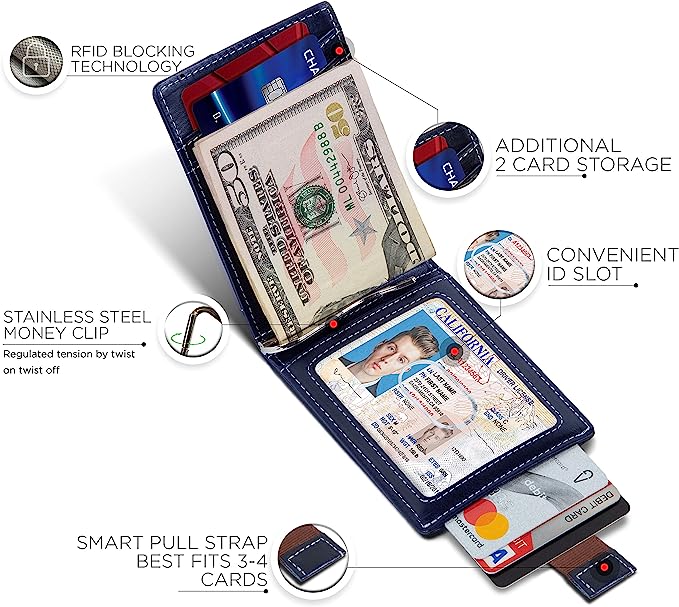 RFID Blocking Slim Bifold Genuine Leather Minimalist Front Pocket Wallets for Men with Money Clip Thin Mens