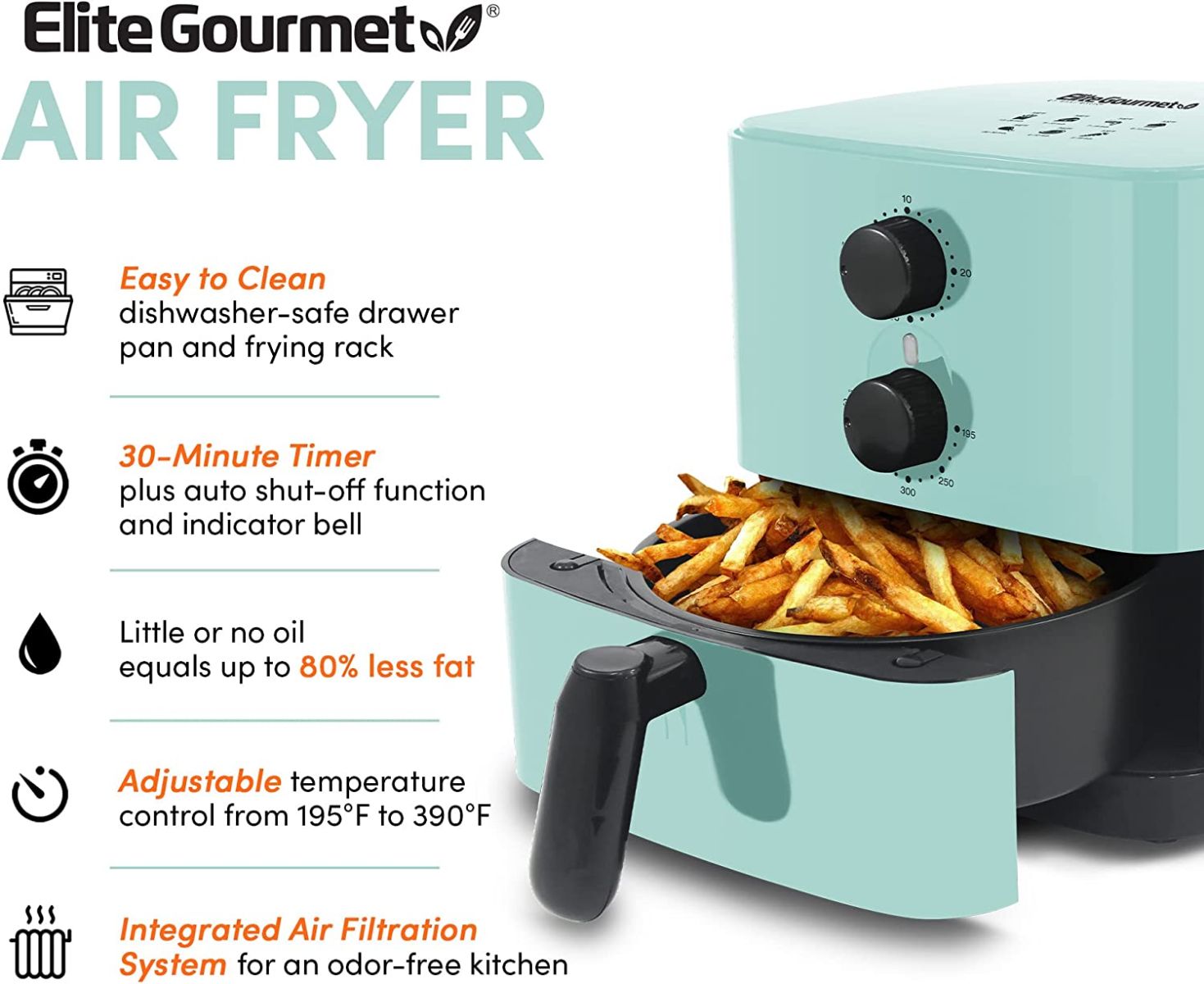 Elite Gourmet EAF-3218BL Personal 1.1Qt Compact Space Saving Electric Hot Air Fryer Oil-Less Healthy Cooker, Timer & Temperature Controls