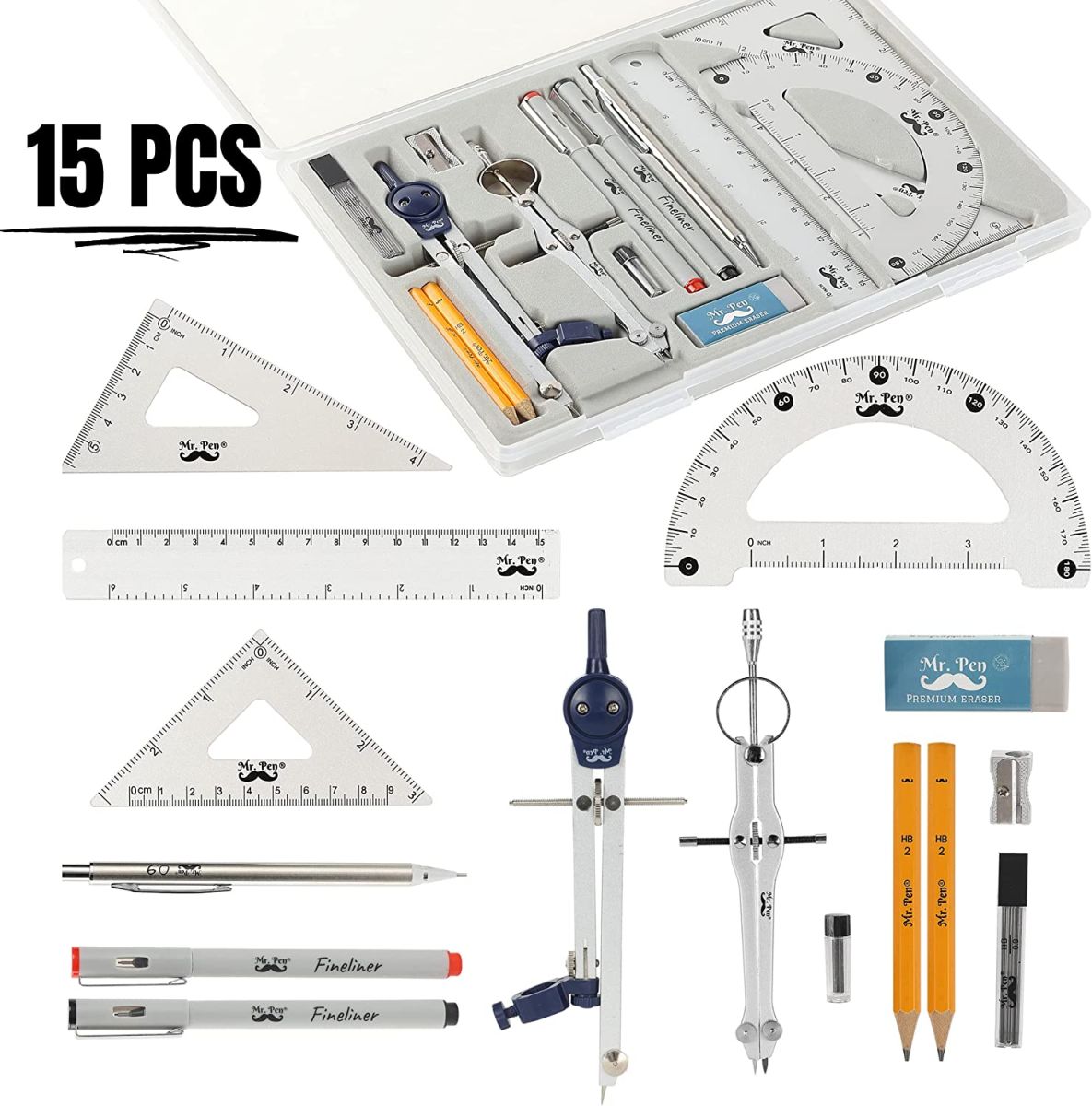 Professional Geometry Set, 15 pcs, Geometry Kit for Artists and Students, Geometry Set, Metal Rulers and Compasses, Drawing Tools, Drafting Supplies, Drafting Set, Drafting Tools and Kits