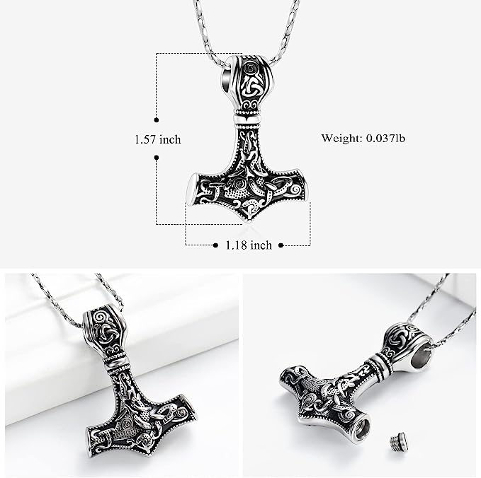 Nordic Viking Mjolnir Thor Hammer Cremation Jewelry for Ashes for Women Men Stainless Steel Celtic Knot Urn Necklace Pendant for Ashes Holder Keepsake Memorial Jewelry