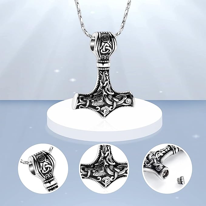 Nordic Viking Mjolnir Thor Hammer Cremation Jewelry for Ashes for Women Men Stainless Steel Celtic Knot Urn Necklace Pendant for Ashes Holder Keepsake Memorial Jewelry