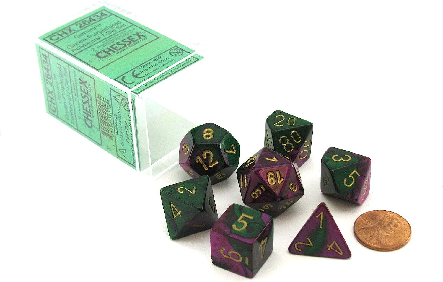 Chessex Polyhedral 7-Die Gemini Dice Set - Green & Purple with Gold CHX-26434