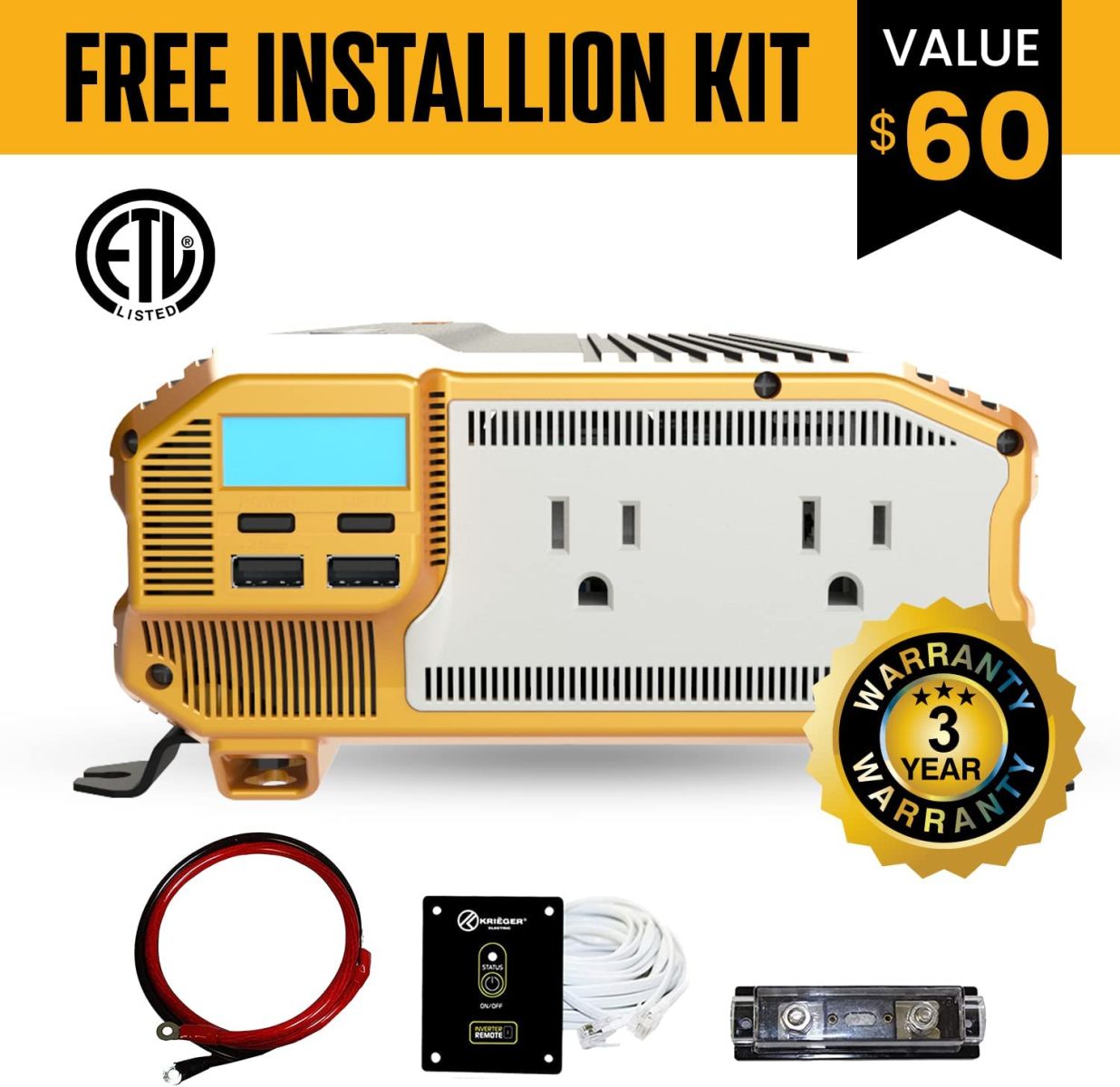 Limited Time Offer! Krieger 1100 Watt 12V Power Inverter Dual USB & 110V AC Outlets, Installation Kit Included, Vehicle Power Supply For Laptops, Televisions, Power Tools