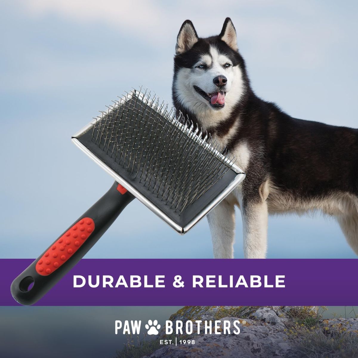 Paw Brothers Extra Long Pin Flat Slicker Brush for Dogs, Professional Grade, Removes Loose Fur and Tangles, Ergonomic Handle, Large