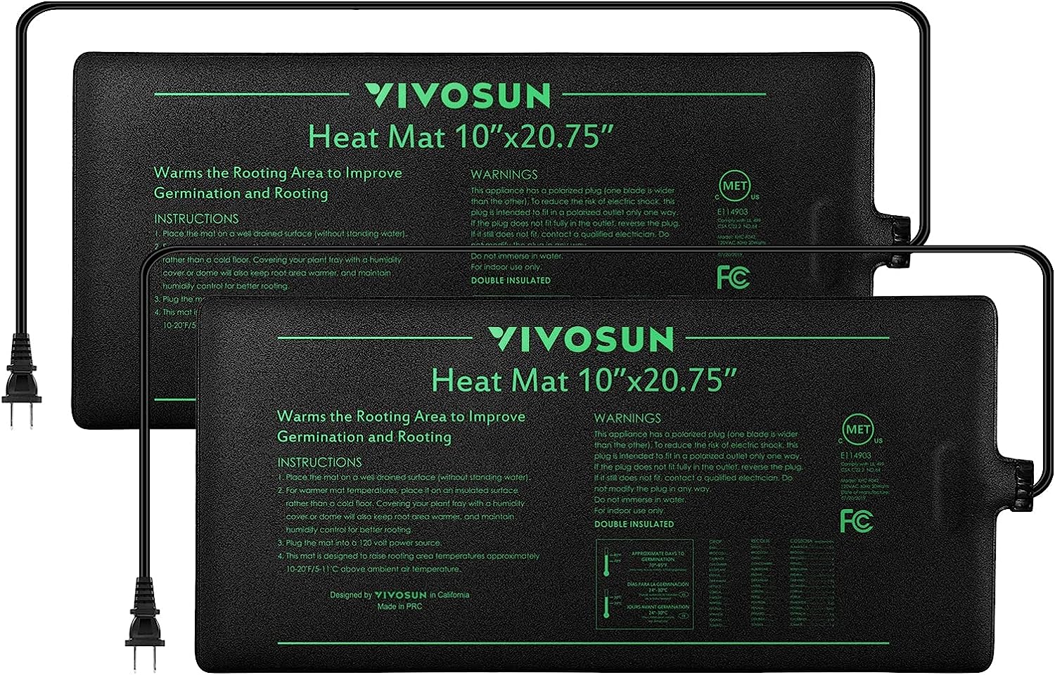 VIVOSUN 2 Pack Durable Waterproof Seedling Heat Mat 10" x 20.75" UL & MET-Certified Warm Hydroponic Heating Pad for Germination, Indoor Gardening, Greenhouse