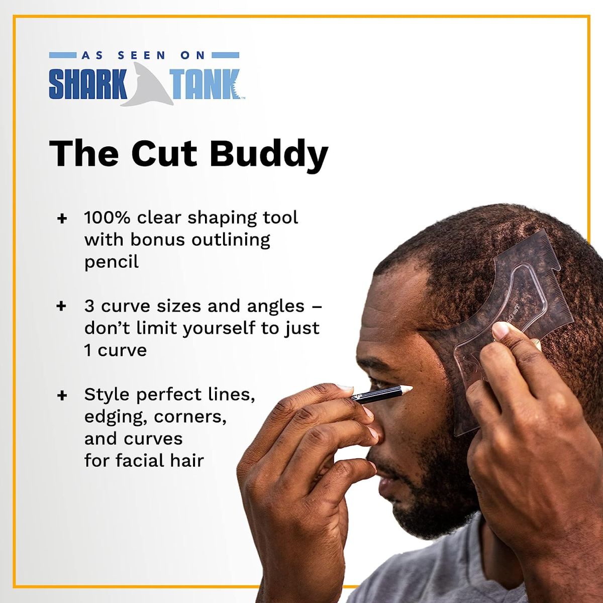 The Cut Buddy Shaping + Styling Tool [AS SEEN ON SHARK TANK] 100% Clear Guide + Bonus Pencil | Line Up and Edging for Beard, Hairline, Mustache | For Trimmer or Razor