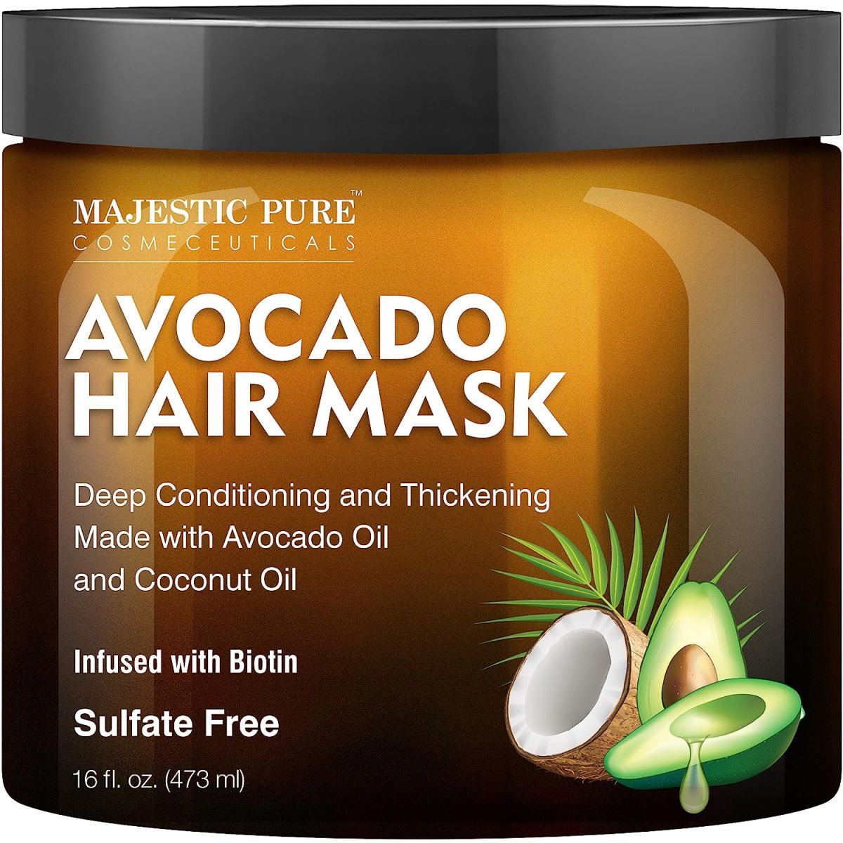 MAJESTIC PURE Avocado and Coconut Hair Mask for Dry Damaged Hair - Infused with Biotin - Deep Conditioning, Hair Thickening, for Healthy Hydrated Hair, Sulfate Free, 16 fl oz