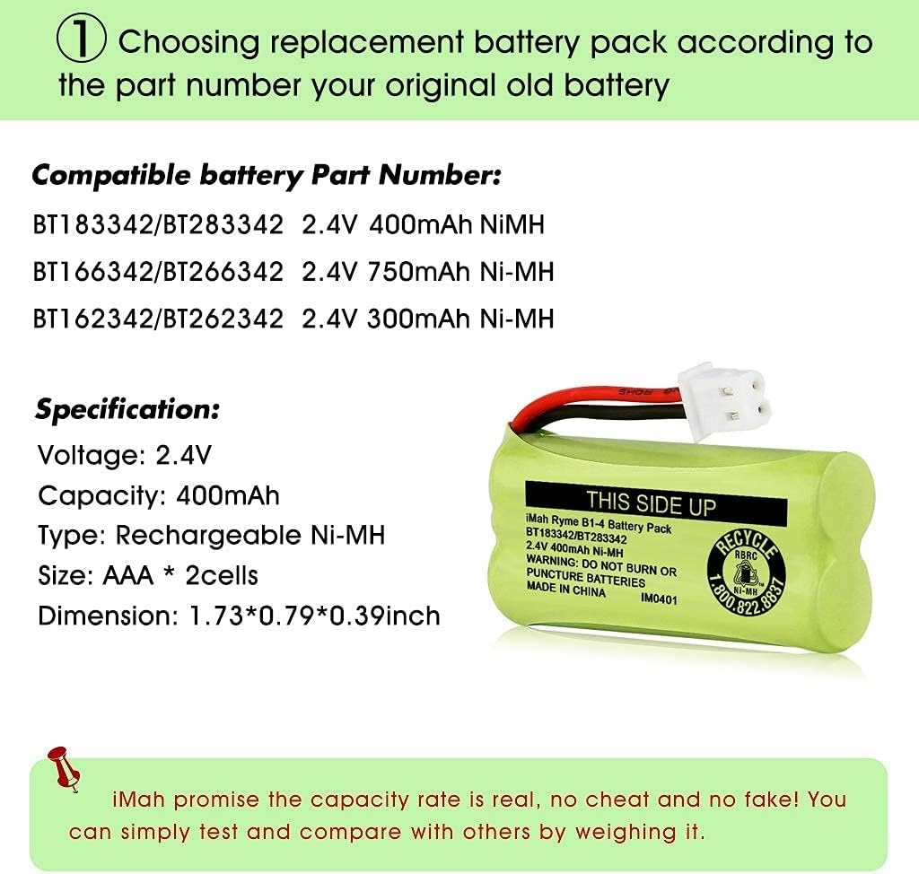 iMah BT183342/BT283342 2.4V 400mAh Ni-MH Battery Pack Compatible for BT166342/BT266342 BT162342/BT262342 2SN-AAA40H-S-X2, 3-Pack