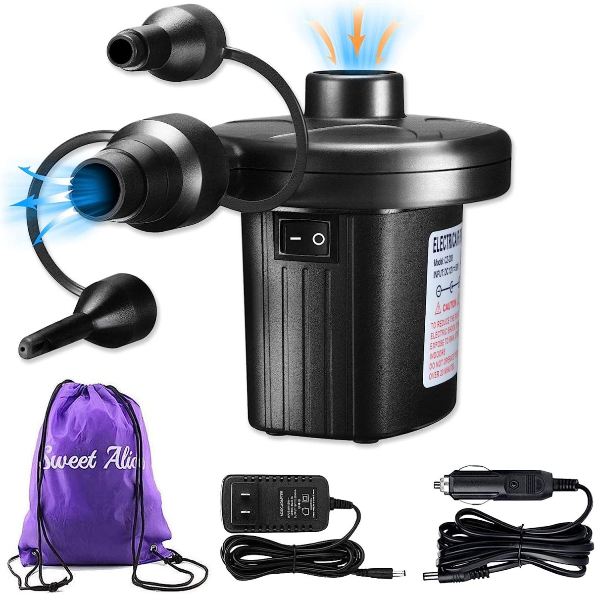 Electric Air Pump, 110V AC/12V DC Portable Air Mattress Pump Two-Way Universal Inflator Electric Pump for Inflatables Pool, Airbeds, etc with 3 Nozzles and 1 Storage Bag