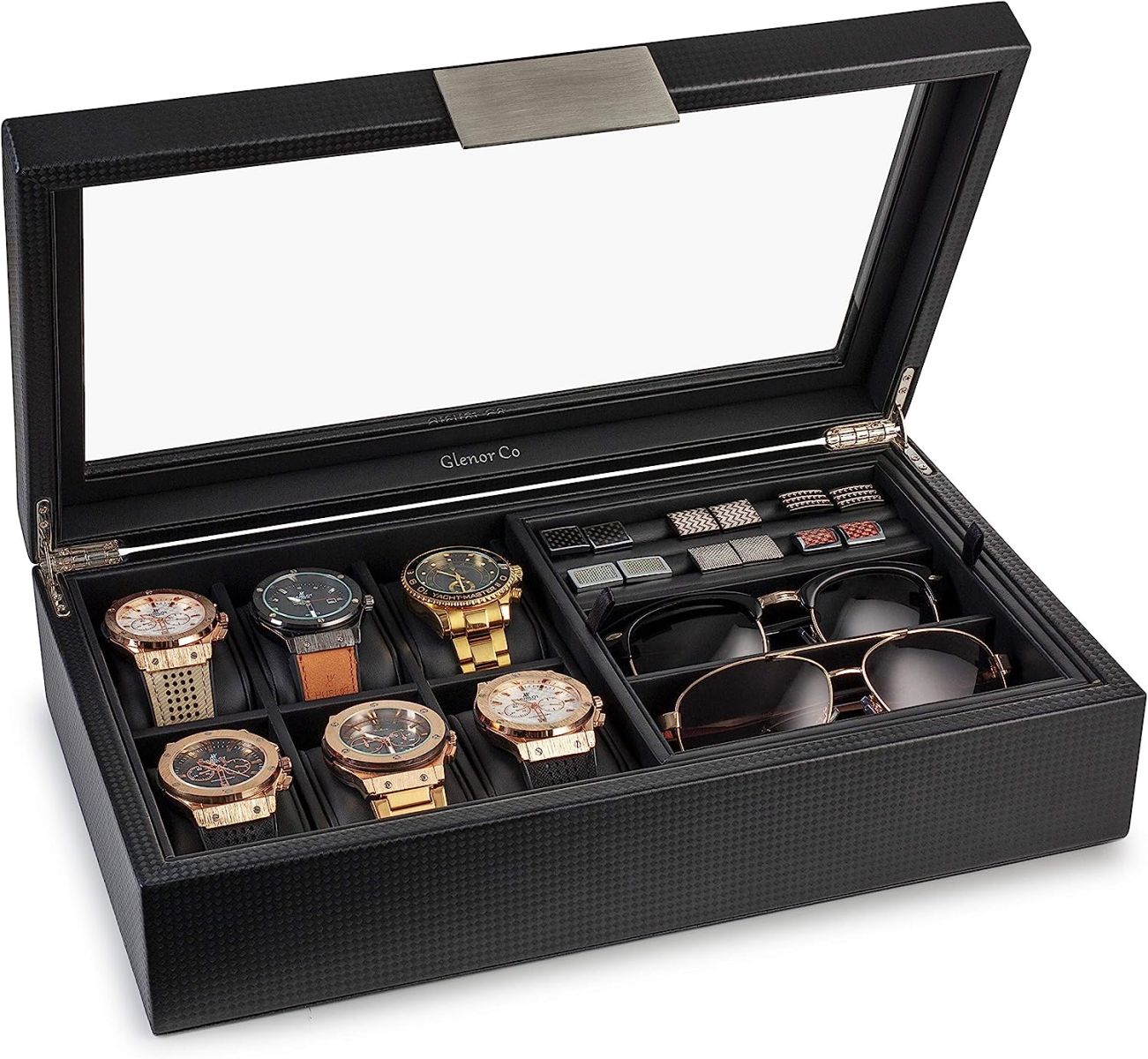 Glenor Co Valet Jewelry Box for Men - Holds 6 Watches, 12 cufflinks, 2 Sunglasses & Tray Storage - Mens Watch Case - CarbonFiber Organizer w Metal Accents, PU Leather & Large Glass Lid - Black