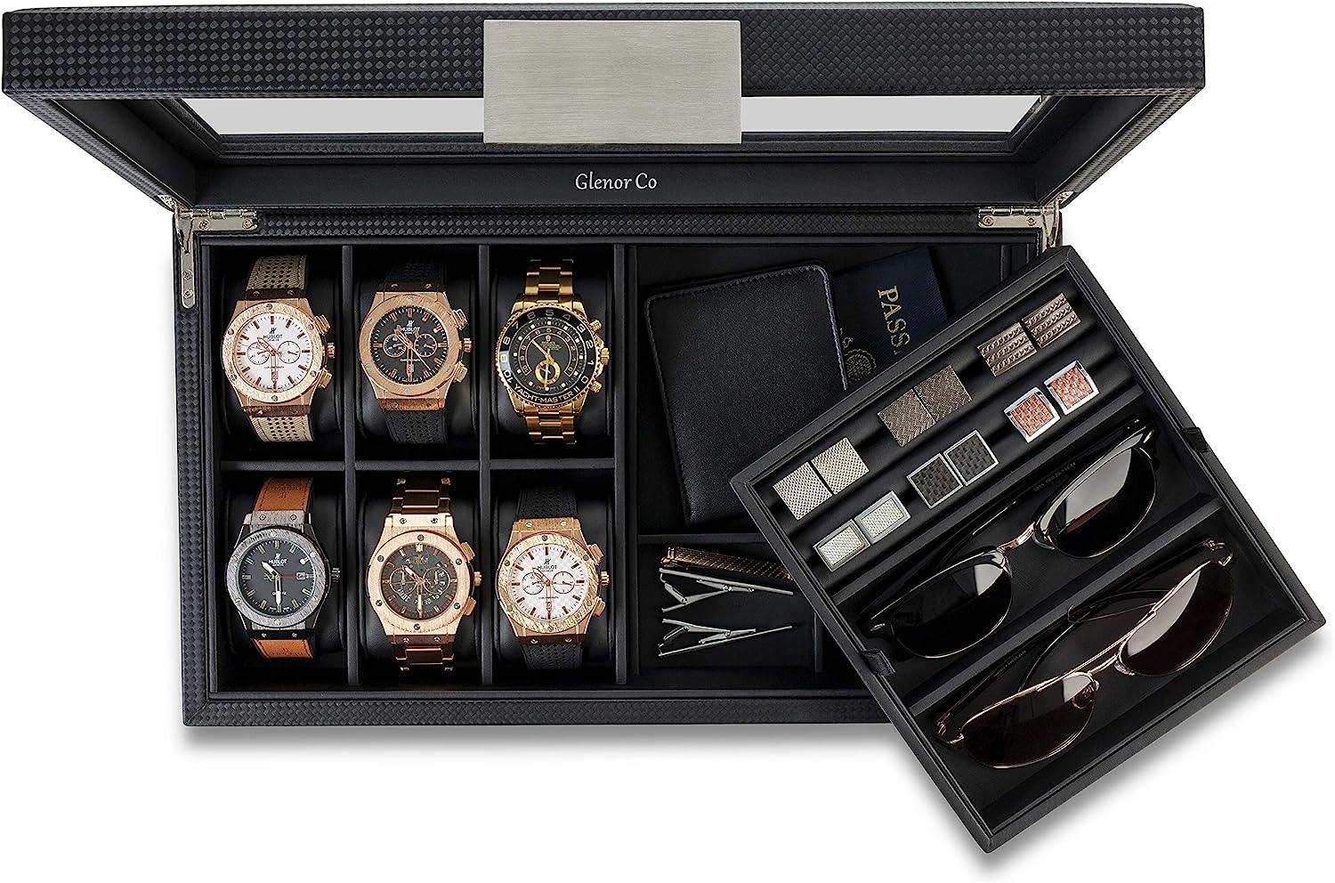 Glenor Co Valet Jewelry Box for Men - Holds 6 Watches, 12 cufflinks, 2 Sunglasses & Tray Storage - Mens Watch Case - CarbonFiber Organizer w Metal Accents, PU Leather & Large Glass Lid - Black