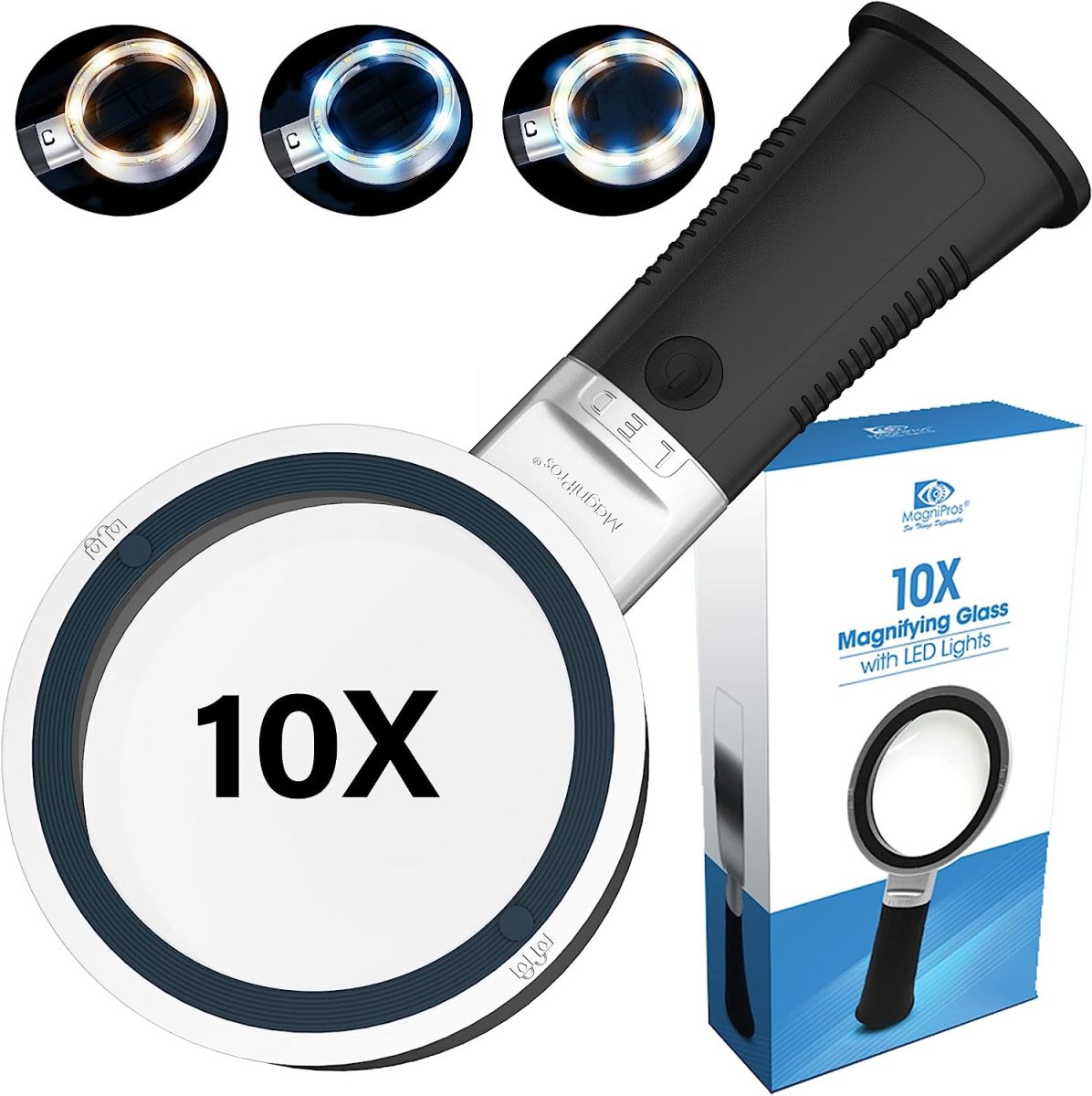 MagniPros Extra Large 10X Magnifying Glass with Detachable Lenses- 3 Light Modes Reading Magnifier with Self-Standing Handle for Hobbyists, AMD, Reading Fine Print, Seniors, Inspection, Coin, Jewelry