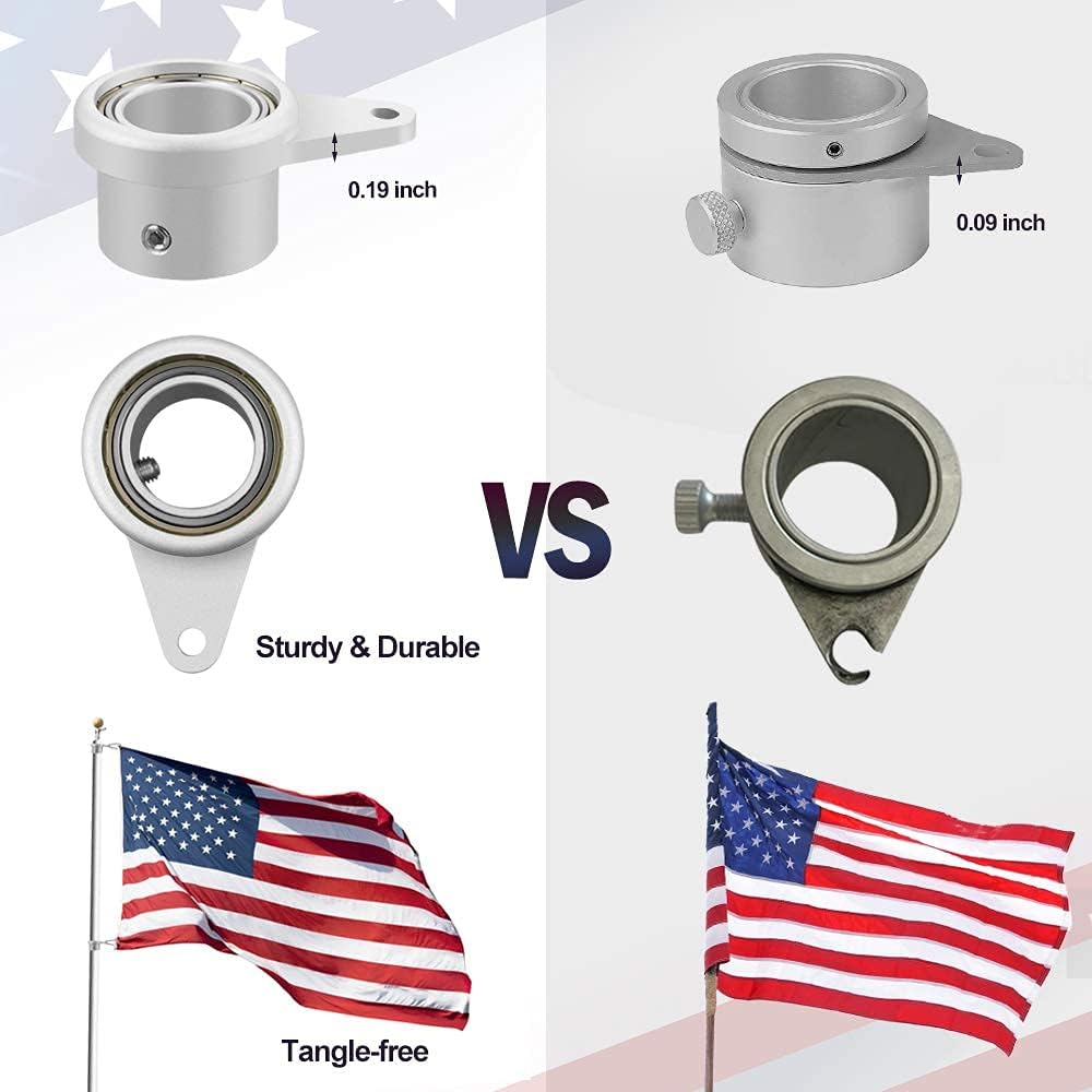 BonyTek Flagpole Ring Set with Bearings, Aluminum Alloy Flag Pole Rings, 360°Rotating Flag Mounting Ring, Spinning Flag Pole Clips Kit with Carabiner for 0.75-1.0 Inch Diameter Flagpole|Silver-2 Pack