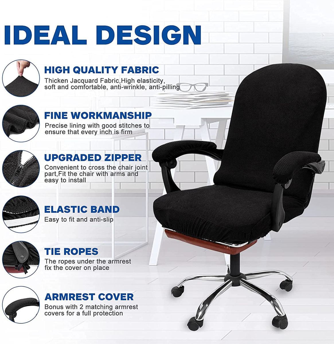 NeColorLife Office Chair Cover with Armrest Covers Stretchable Desk Chair Cover Thick Checked Jacquard High Back Office Seat Cover for Universal Rotating Chair (Large Size,Black)